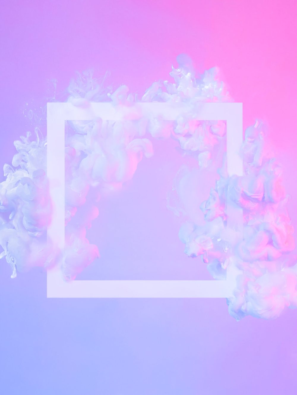 Creative abstract neon background with copy space. White square frame and clouds made from white paint in blue or violet and pink light. Fluid cloud creative composition. Trendy minimal frame concept